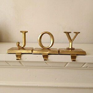 JOY Christmas Stocking Hangers Gold Tone Metal Mantle Hooks Set of 3 Holiday